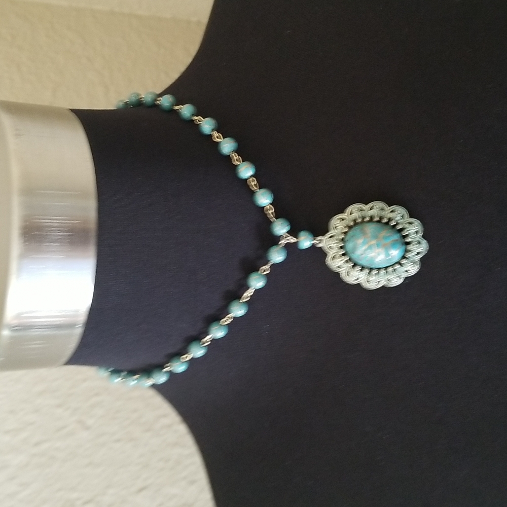Gold Blue Wood Bead Antique Look Necklace